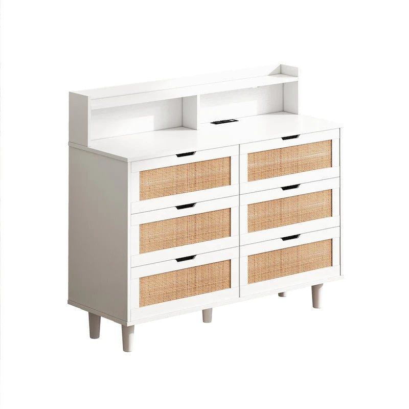 6-Drawer Rattan Storage Cabinet with LED Lights and Power Outlet for Bedroom, Living Room