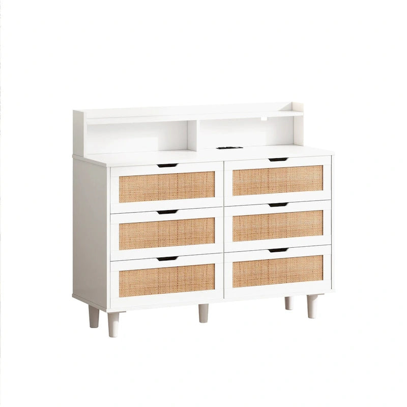 6-Drawer Rattan Storage Cabinet with LED Lights and Power Outlet for Bedroom, Living Room