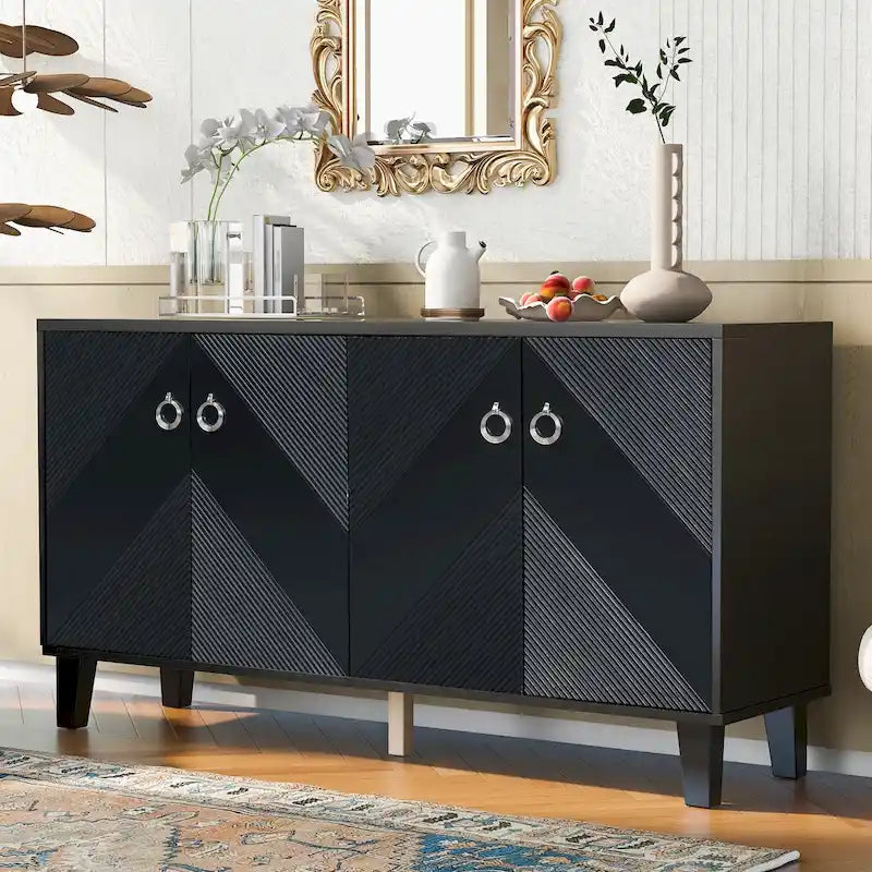 60-Inch Geometric Pattern Sideboard Cabinet with Adjustable Shelves and Round Handles