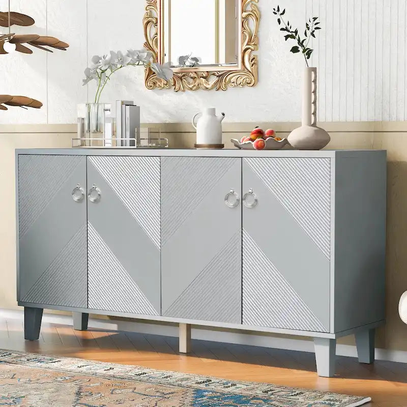 60-Inch Geometric Pattern Sideboard Cabinet with Adjustable Shelves and Round Handles