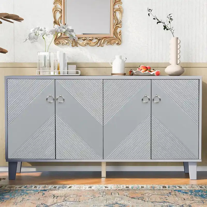 60-Inch Geometric Pattern Sideboard Cabinet with Adjustable Shelves and Round Handles