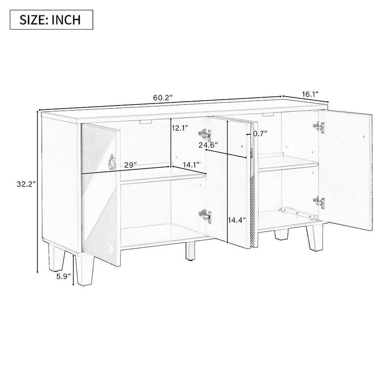 60-Inch Geometric Pattern Sideboard Cabinet with Adjustable Shelves and Round Handles