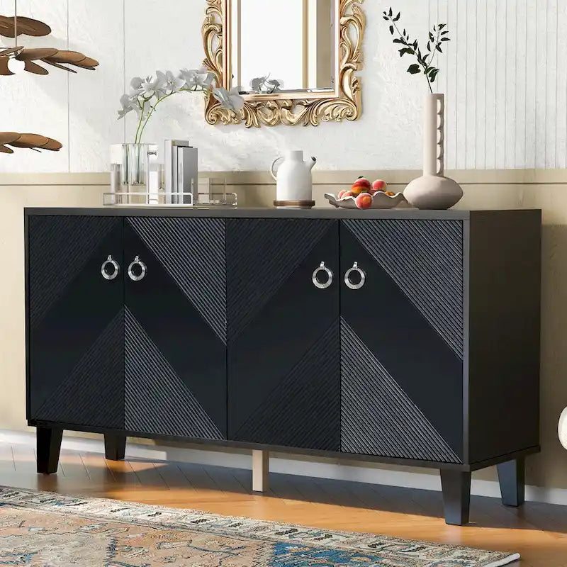 60-Inch Geometric Pattern Sideboard Cabinet with Adjustable Shelves and Round Handles