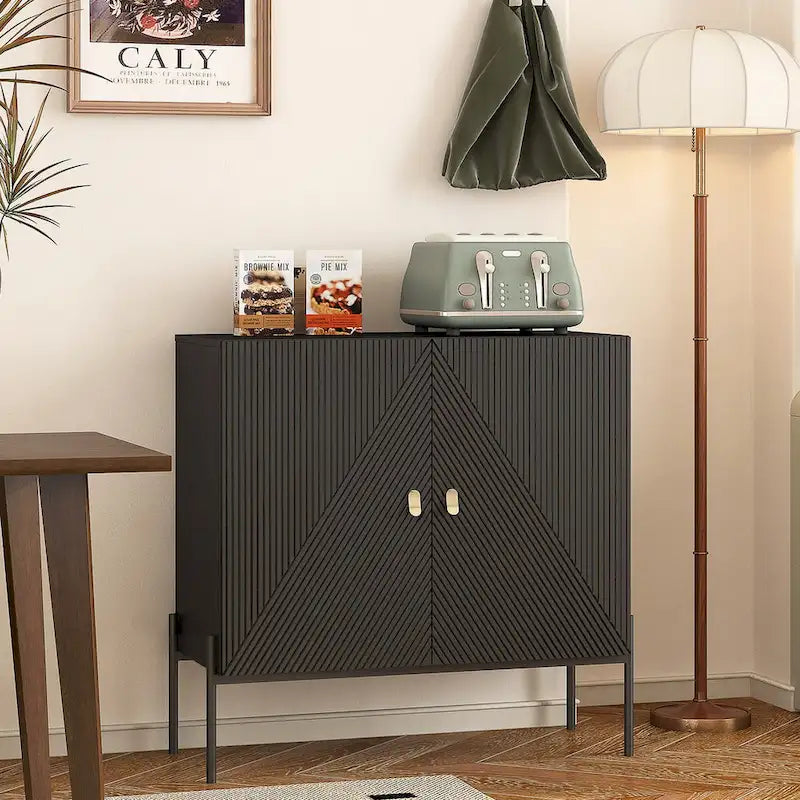 Black Sideboard Buffet Cabinet with 2 Drawers, 2 Cabinets and 6-Bottle Wine Rack