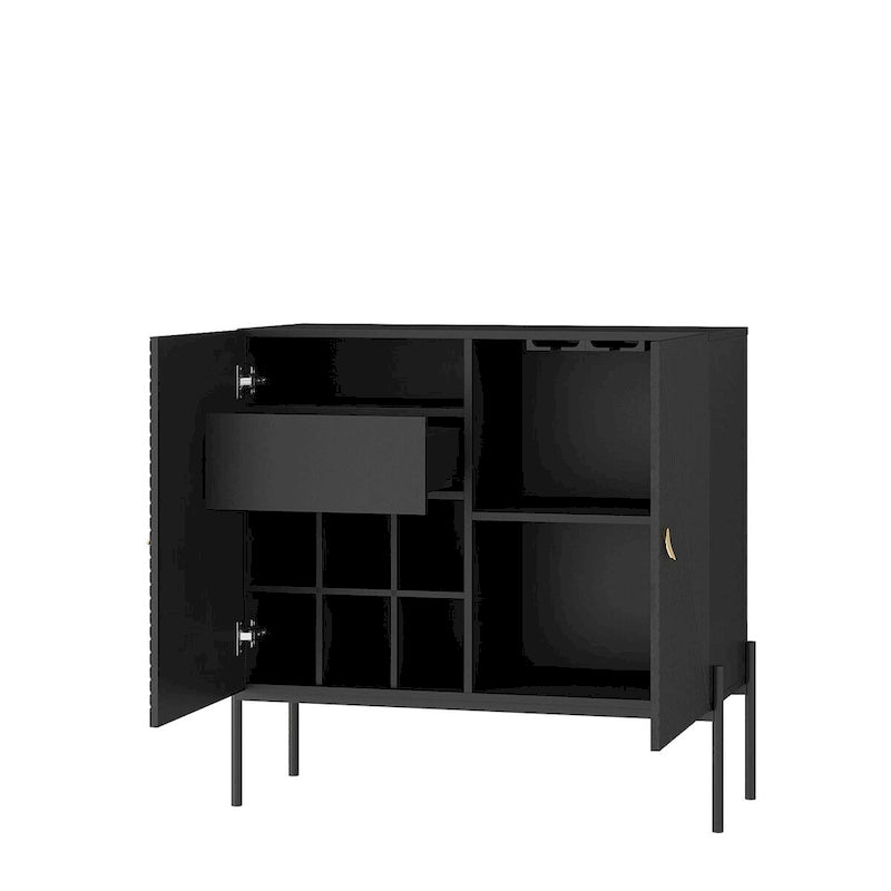 Black Sideboard Buffet Cabinet with 2 Drawers, 2 Cabinets and 6-Bottle Wine Rack