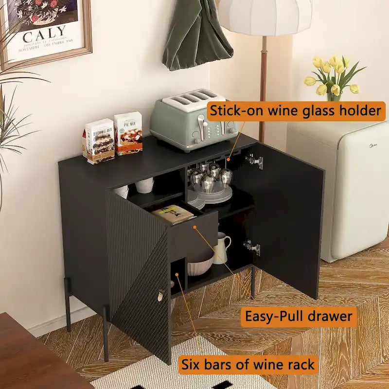 Black Sideboard Buffet Cabinet with 2 Drawers, 2 Cabinets and 6-Bottle Wine Rack