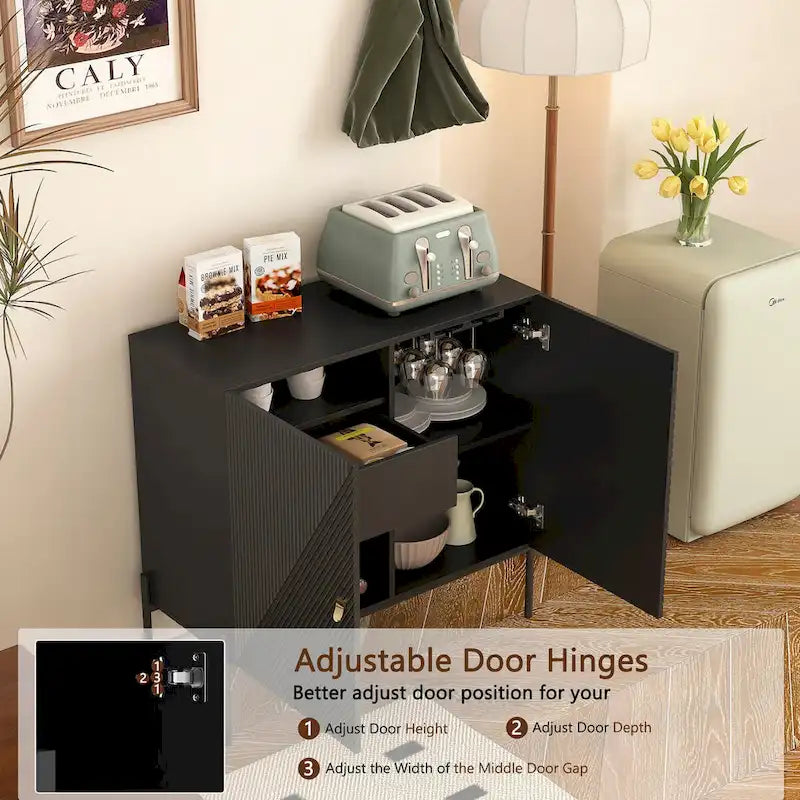 Black Sideboard Buffet Cabinet with 2 Drawers, 2 Cabinets and 6-Bottle Wine Rack