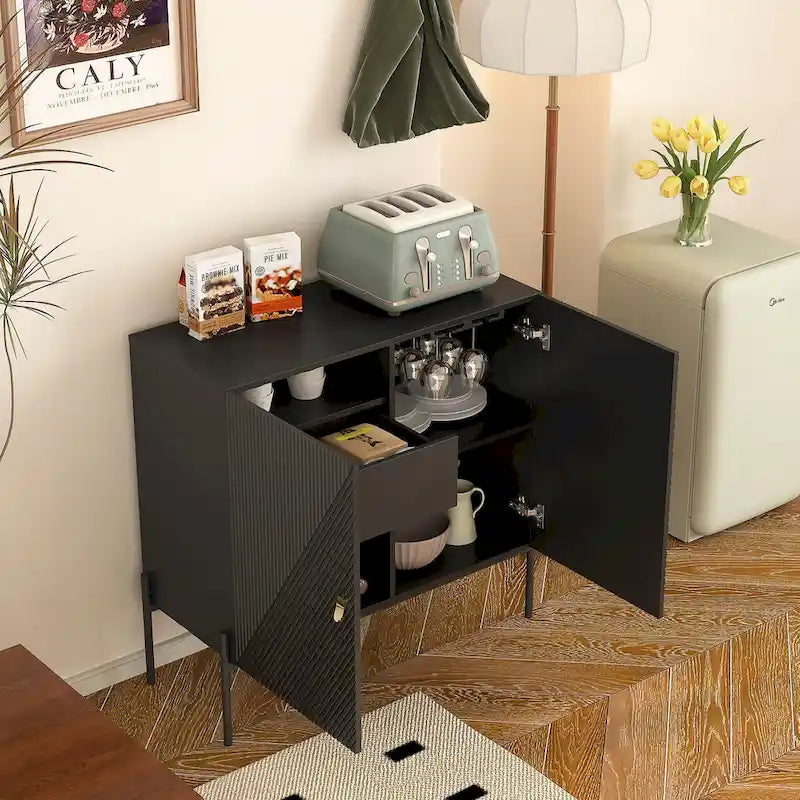 Black Sideboard Buffet Cabinet with 2 Drawers, 2 Cabinets and 6-Bottle Wine Rack