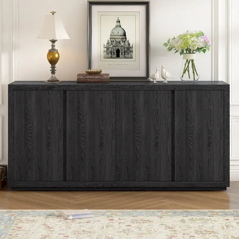 Four-Door Sideboard with Ash Veneer Finish and Adjustable Shelves for Hallway, Living Room