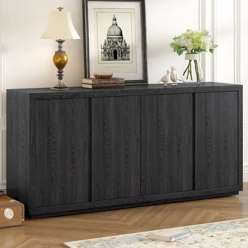 Four-Door Sideboard with Ash Veneer Finish and Adjustable Shelves for Hallway, Living Room