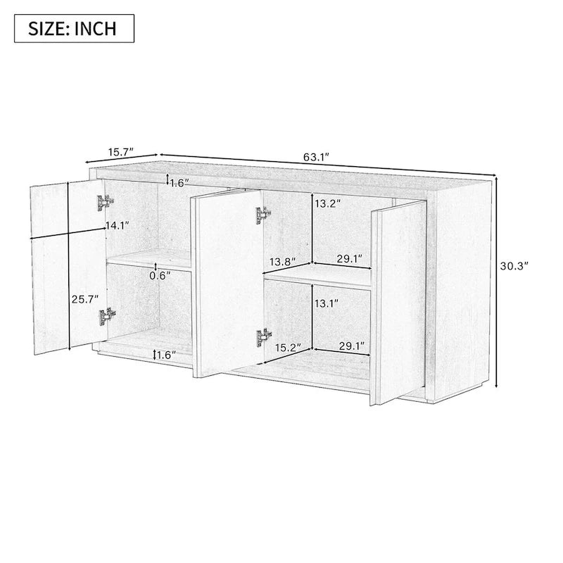 Four-Door Sideboard with Ash Veneer Finish and Adjustable Shelves for Hallway, Living Room