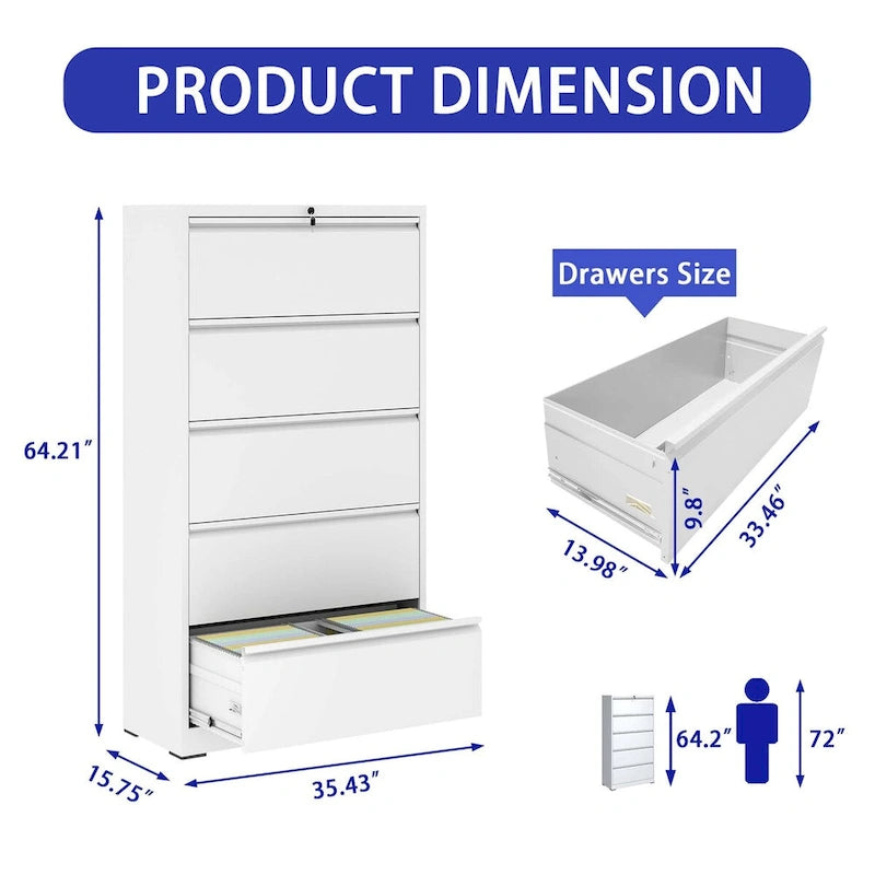 5-Drawer Steel Lateral File Cabinet with Lock, Full-Extension Drawers for Home Office