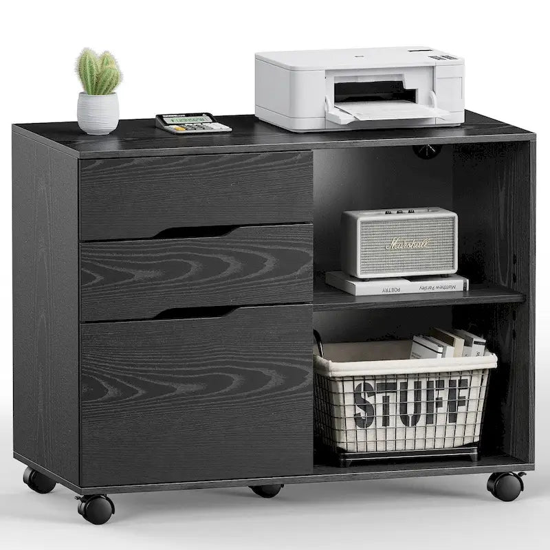 Mobile Lateral File Cabinet and Printer Stand with 3 Drawers and 2 Open Shelves