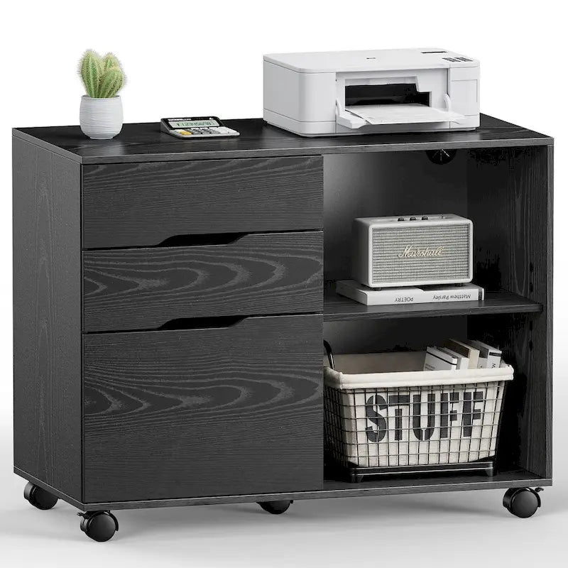 Mobile Lateral File Cabinet and Printer Stand with 3 Drawers and 2 Open Shelves