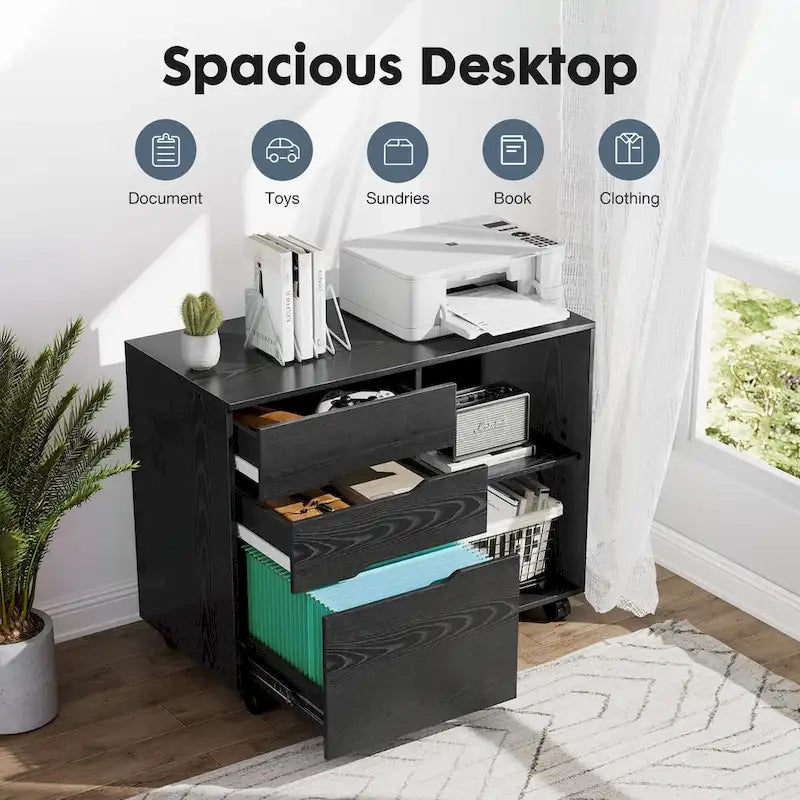Mobile Lateral File Cabinet and Printer Stand with 3 Drawers and 2 Open Shelves