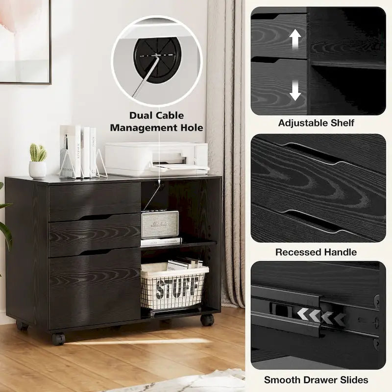 Mobile Lateral File Cabinet and Printer Stand with 3 Drawers and 2 Open Shelves
