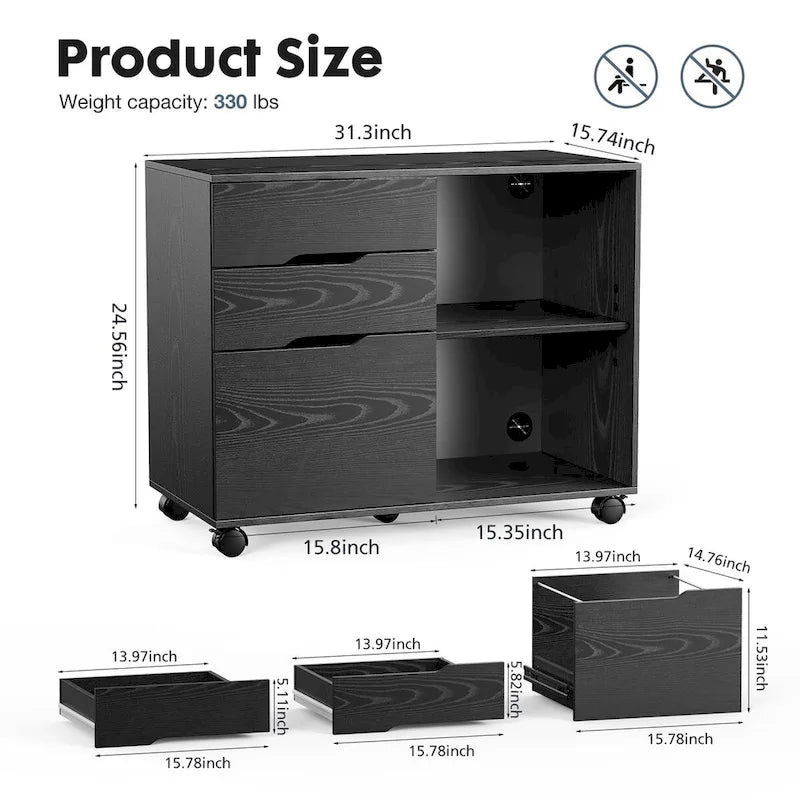 Mobile Lateral File Cabinet and Printer Stand with 3 Drawers and 2 Open Shelves