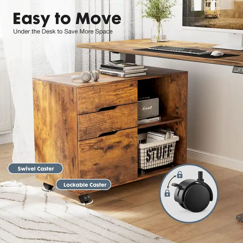 Mobile Lateral File Cabinet and Printer Stand with 3 Drawers and 2 Open Shelves