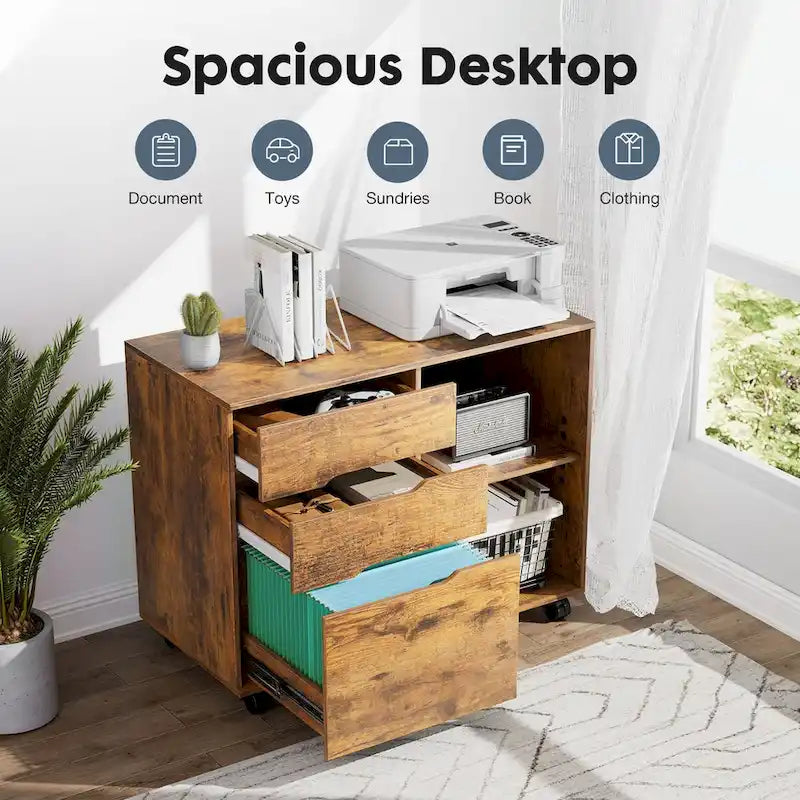 Mobile Lateral File Cabinet and Printer Stand with 3 Drawers and 2 Open Shelves