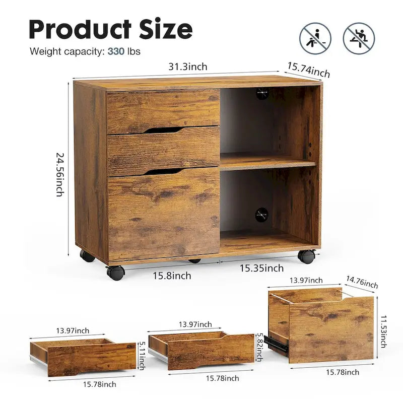 Mobile Lateral File Cabinet and Printer Stand with 3 Drawers and 2 Open Shelves