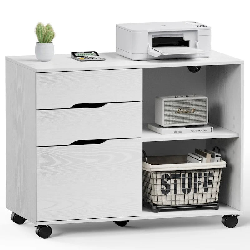 Mobile Lateral File Cabinet and Printer Stand with 3 Drawers and 2 Open Shelves