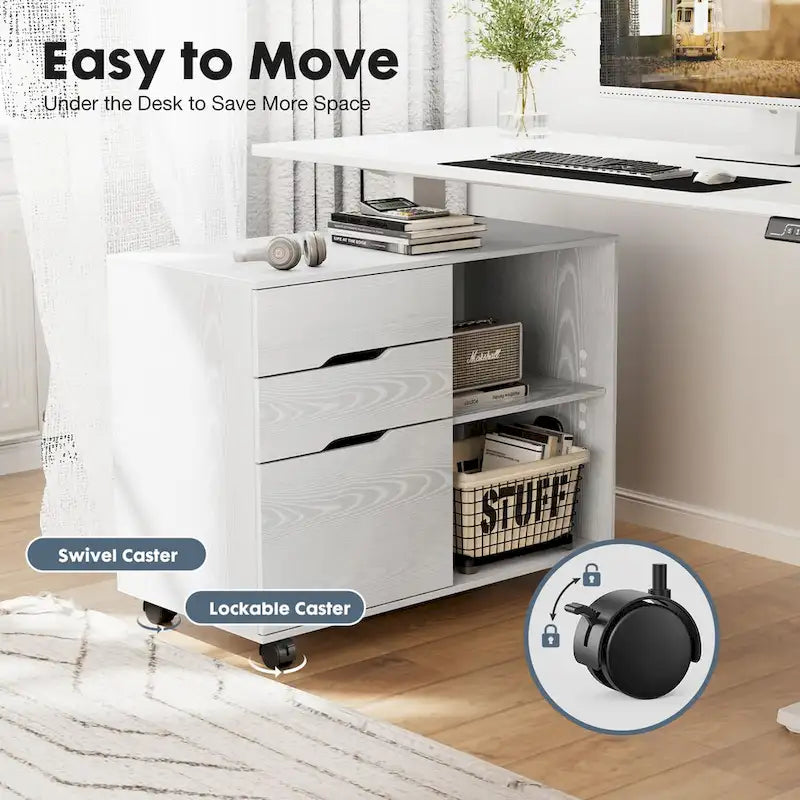 Mobile Lateral File Cabinet and Printer Stand with 3 Drawers and 2 Open Shelves