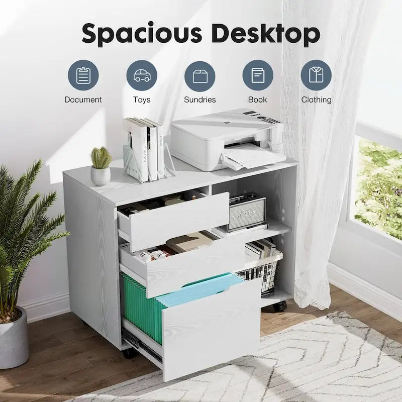Mobile Lateral File Cabinet and Printer Stand with 3 Drawers and 2 Open Shelves