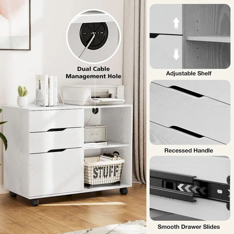 Mobile Lateral File Cabinet and Printer Stand with 3 Drawers and 2 Open Shelves