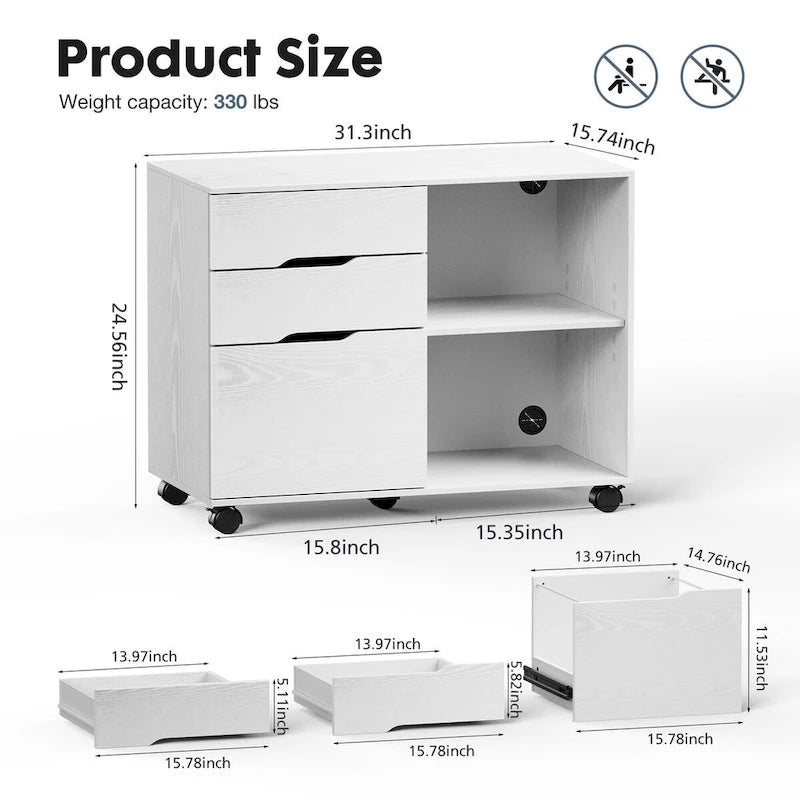 Mobile Lateral File Cabinet and Printer Stand with 3 Drawers and 2 Open Shelves