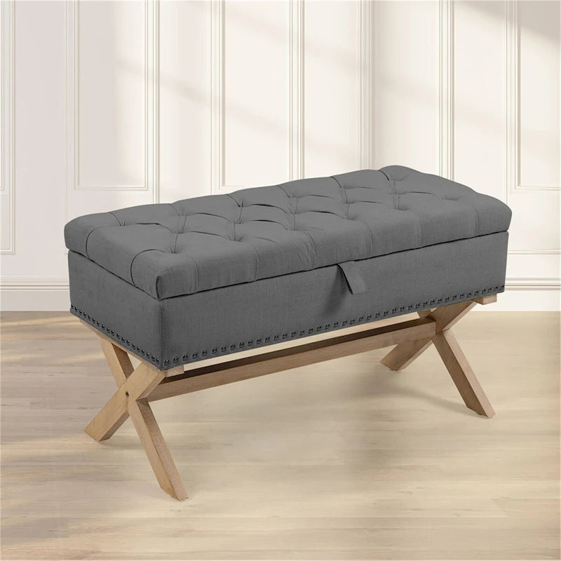 Button-Tufted Linen Storage Ottoman Bench with Solid Wood Frame, 35 Inches Wide