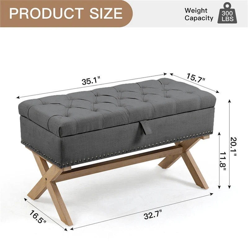 Button-Tufted Linen Storage Ottoman Bench with Solid Wood Frame, 35 Inches Wide