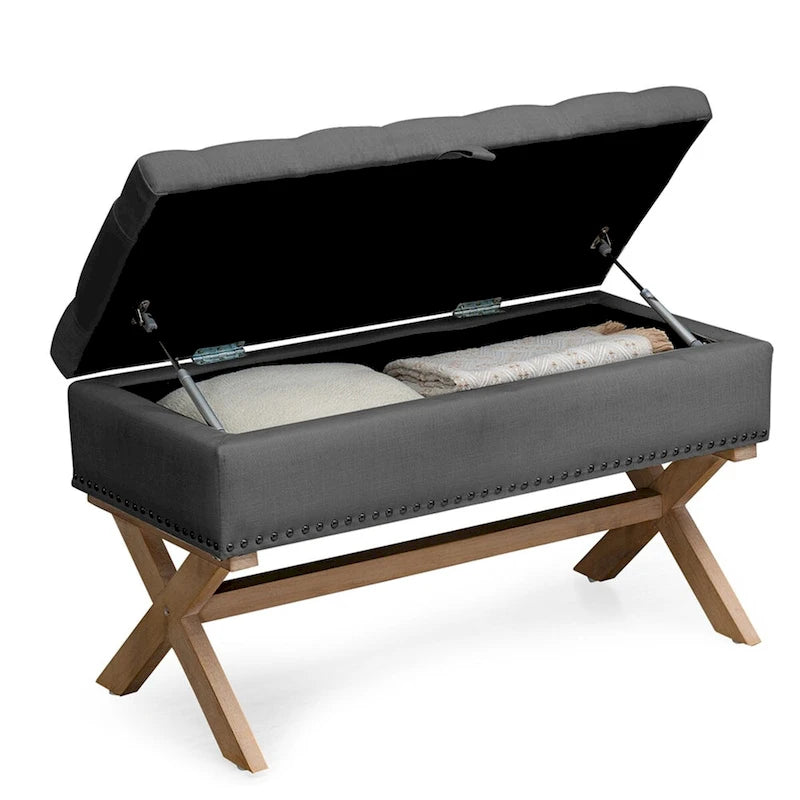 Button-Tufted Linen Storage Ottoman Bench with Solid Wood Frame, 35 Inches Wide