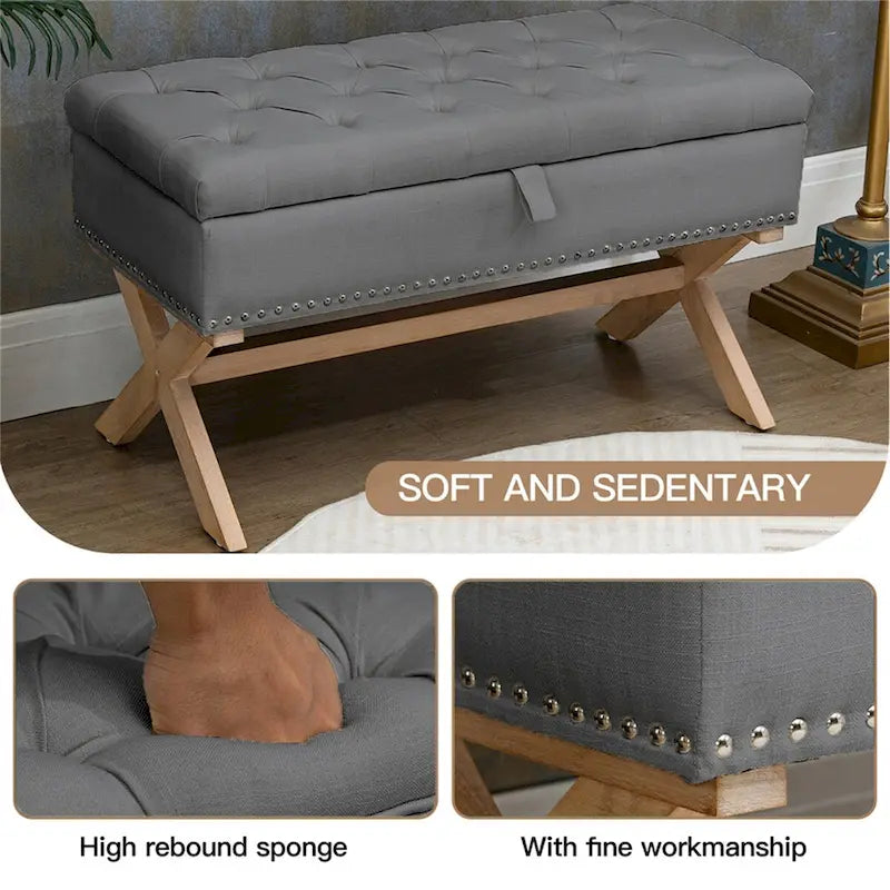 Button-Tufted Linen Storage Ottoman Bench with Solid Wood Frame, 35 Inches Wide