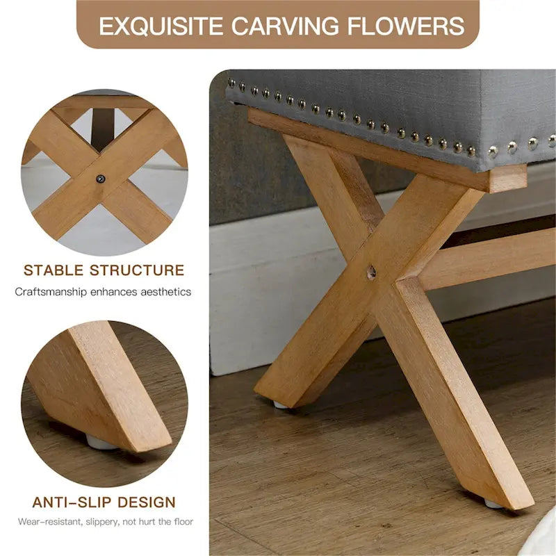 Button-Tufted Linen Storage Ottoman Bench with Solid Wood Frame, 35 Inches Wide