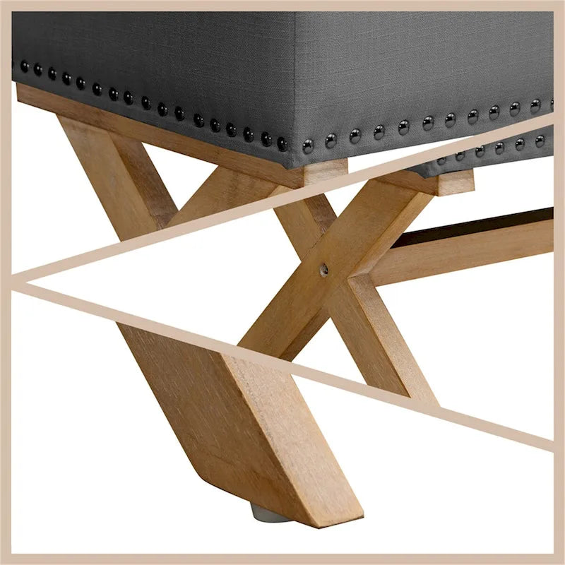 Button-Tufted Linen Storage Ottoman Bench with Solid Wood Frame, 35 Inches Wide