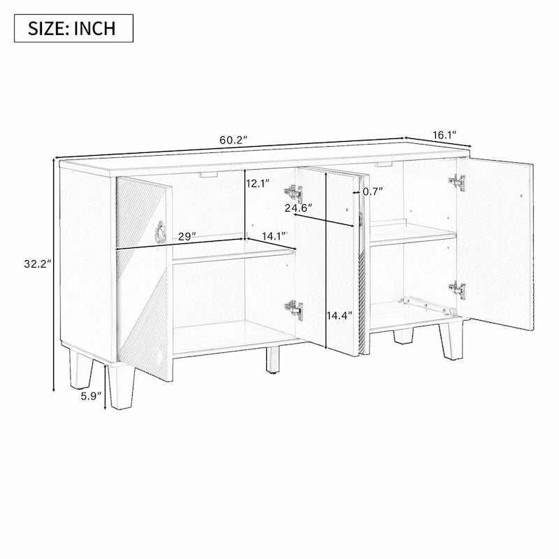 4-Door Cabinet with Geometric Pattern, Adjustable Shelves and Round Handles