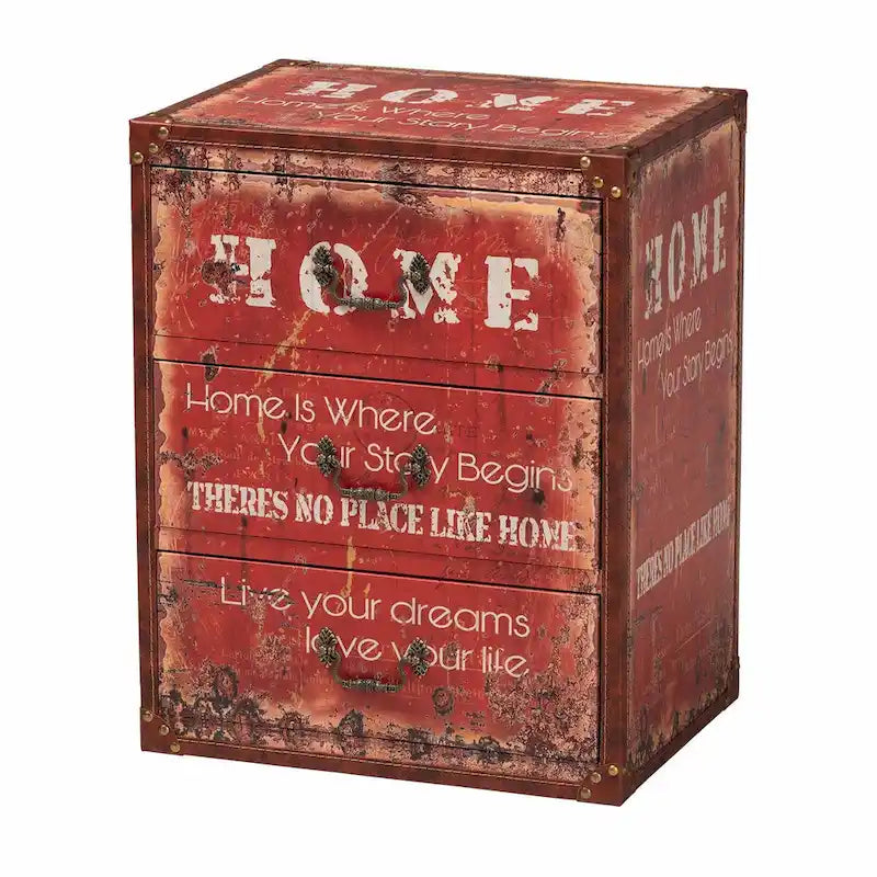 Vintage Faux Leather and Wood 3-Drawer Storage Trunk in Red