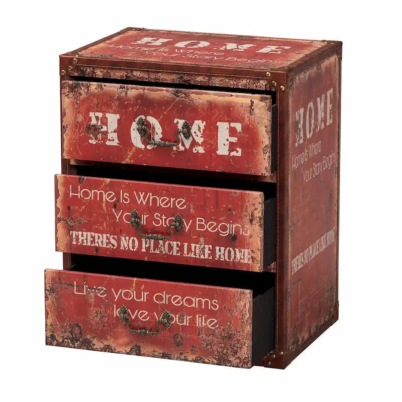 Vintage Faux Leather and Wood 3-Drawer Storage Trunk in Red