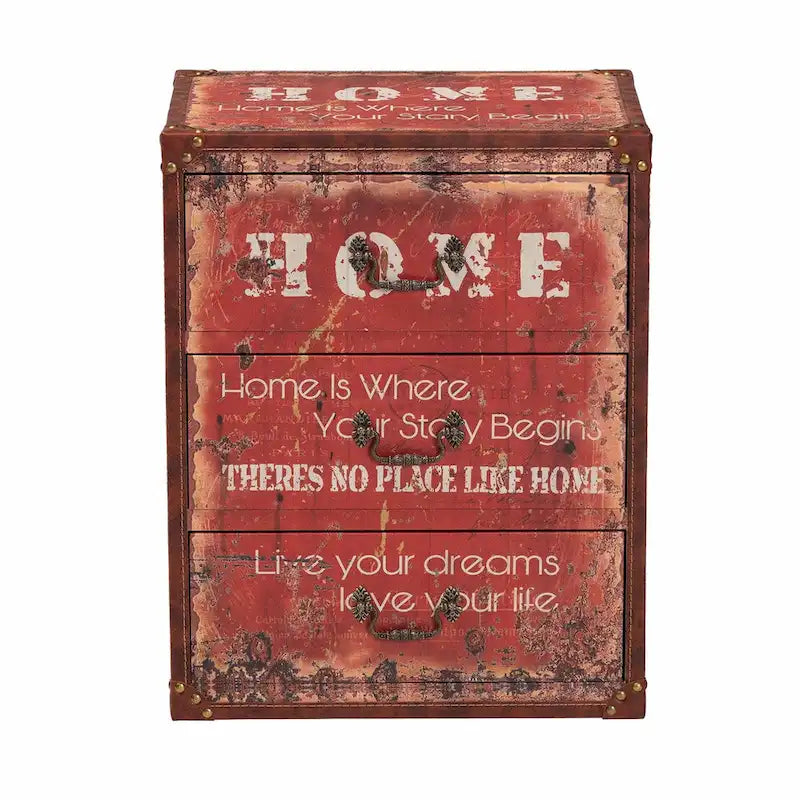 Vintage Faux Leather and Wood 3-Drawer Storage Trunk in Red
