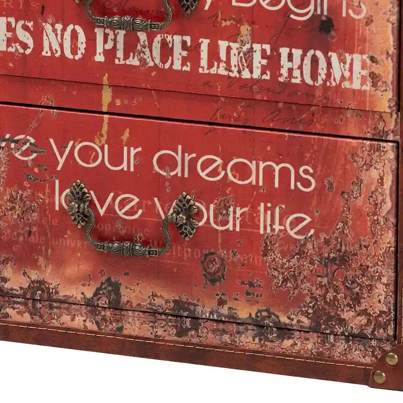 Vintage Faux Leather and Wood 3-Drawer Storage Trunk in Red