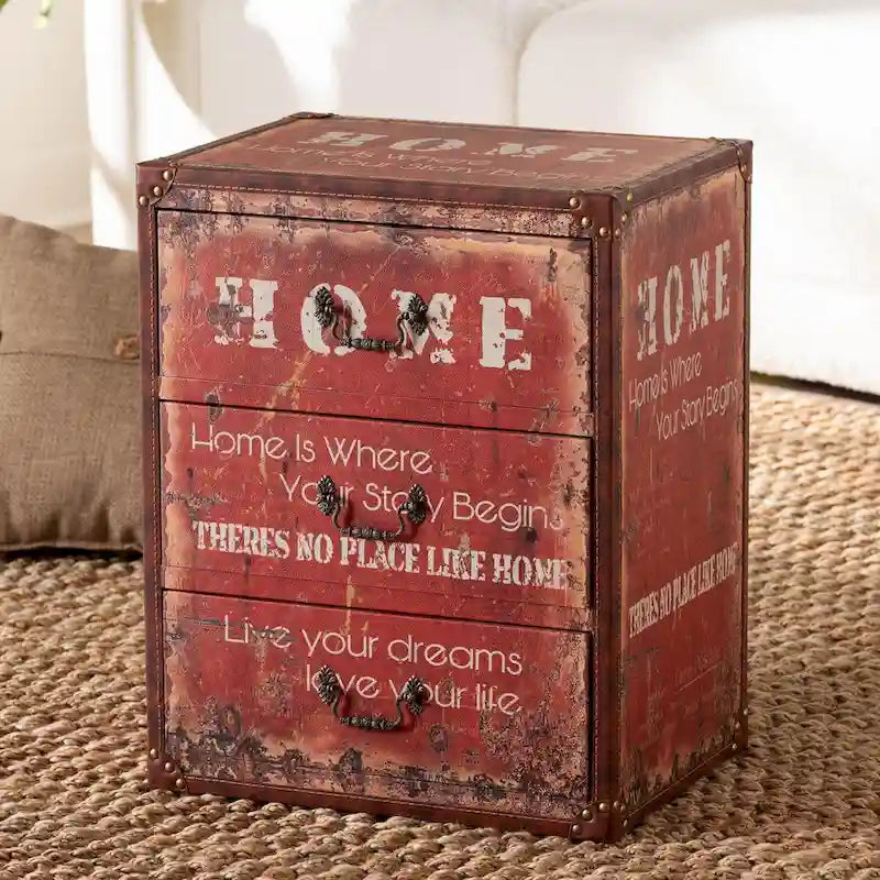 Vintage Faux Leather and Wood 3-Drawer Storage Trunk in Red