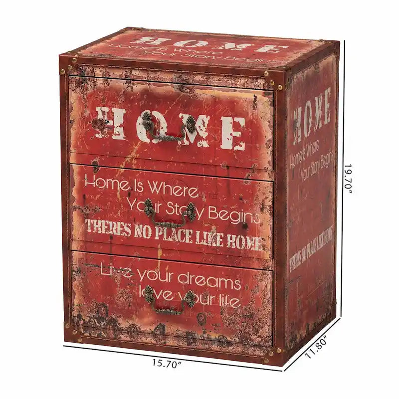 Vintage Faux Leather and Wood 3-Drawer Storage Trunk in Red