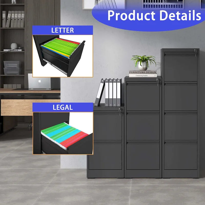 4-Drawers 14.96 W Metal Vertical File Cabinet with Lock Office Home Vertical File Cabinet for A4  Size