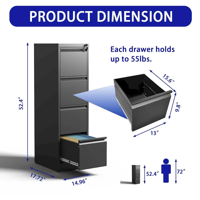 4-Drawers 14.96 W Metal Vertical File Cabinet with Lock Office Home Vertical File Cabinet for A4  Size