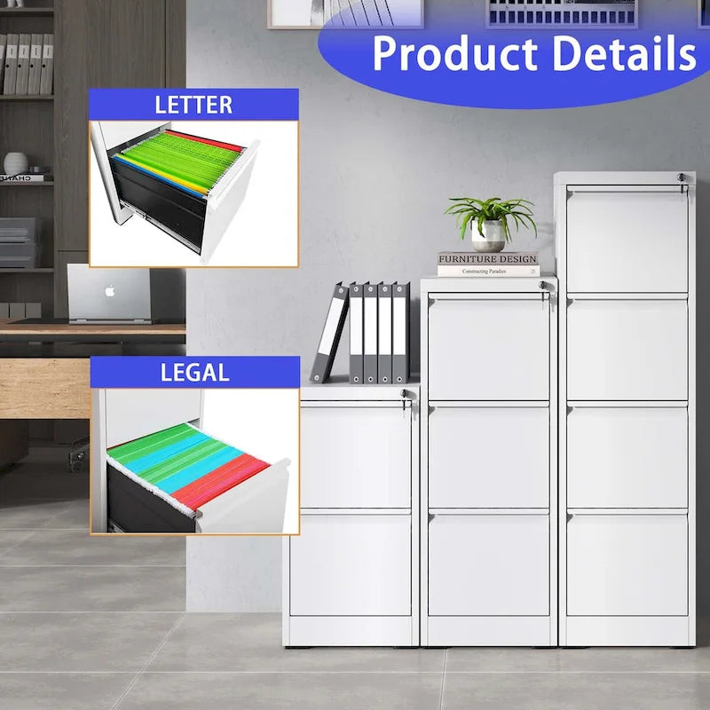 4-Drawers 14.96 W Metal Vertical File Cabinet with Lock Office Home Vertical File Cabinet for A4  Size