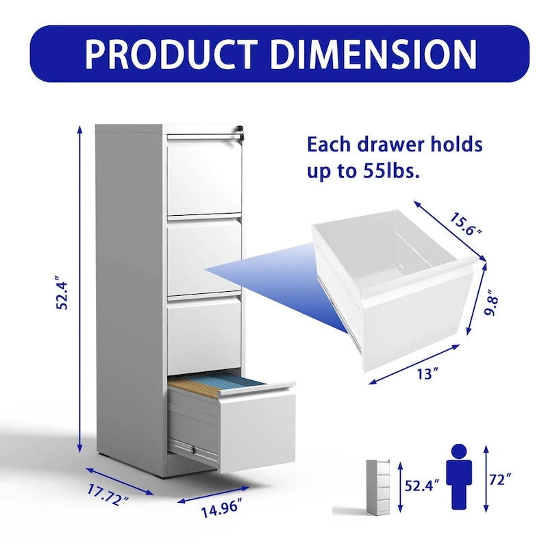4-Drawers 14.96 W Metal Vertical File Cabinet with Lock Office Home Vertical File Cabinet for A4  Size