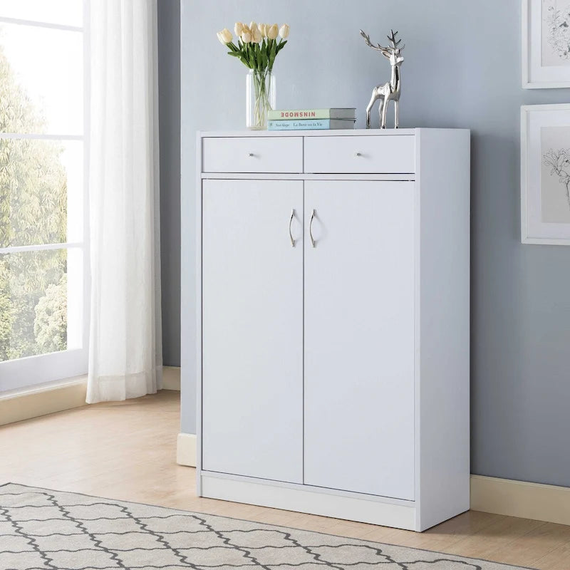 White Shoe Storage Cabinet with 5 Shelves and 2 Drawers, Holds 15 Pairs of Shoes