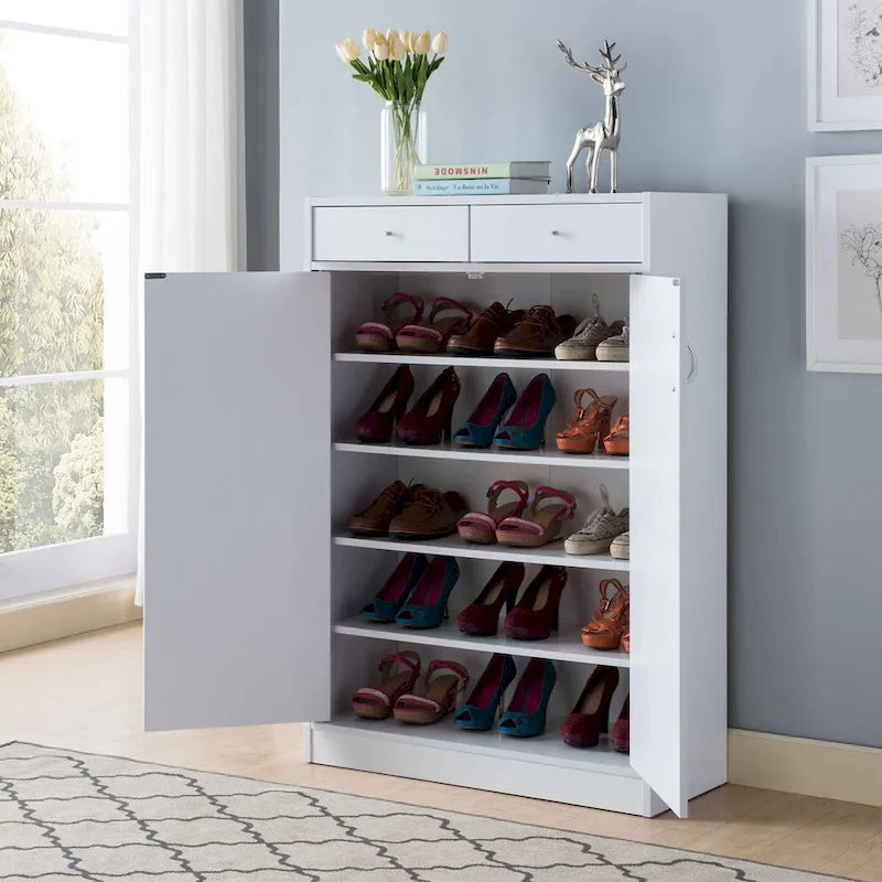 White Shoe Storage Cabinet with 5 Shelves and 2 Drawers, Holds 15 Pairs of Shoes