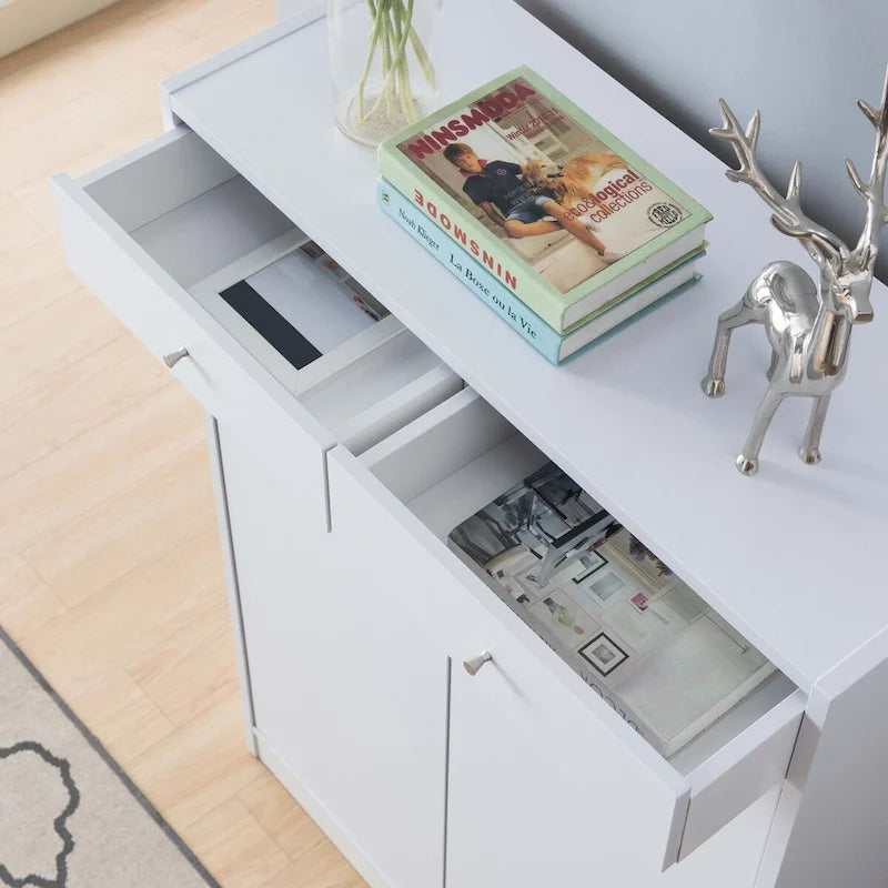White Shoe Storage Cabinet with 5 Shelves and 2 Drawers, Holds 15 Pairs of Shoes