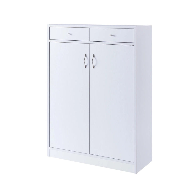 White Shoe Storage Cabinet with 5 Shelves and 2 Drawers, Holds 15 Pairs of Shoes